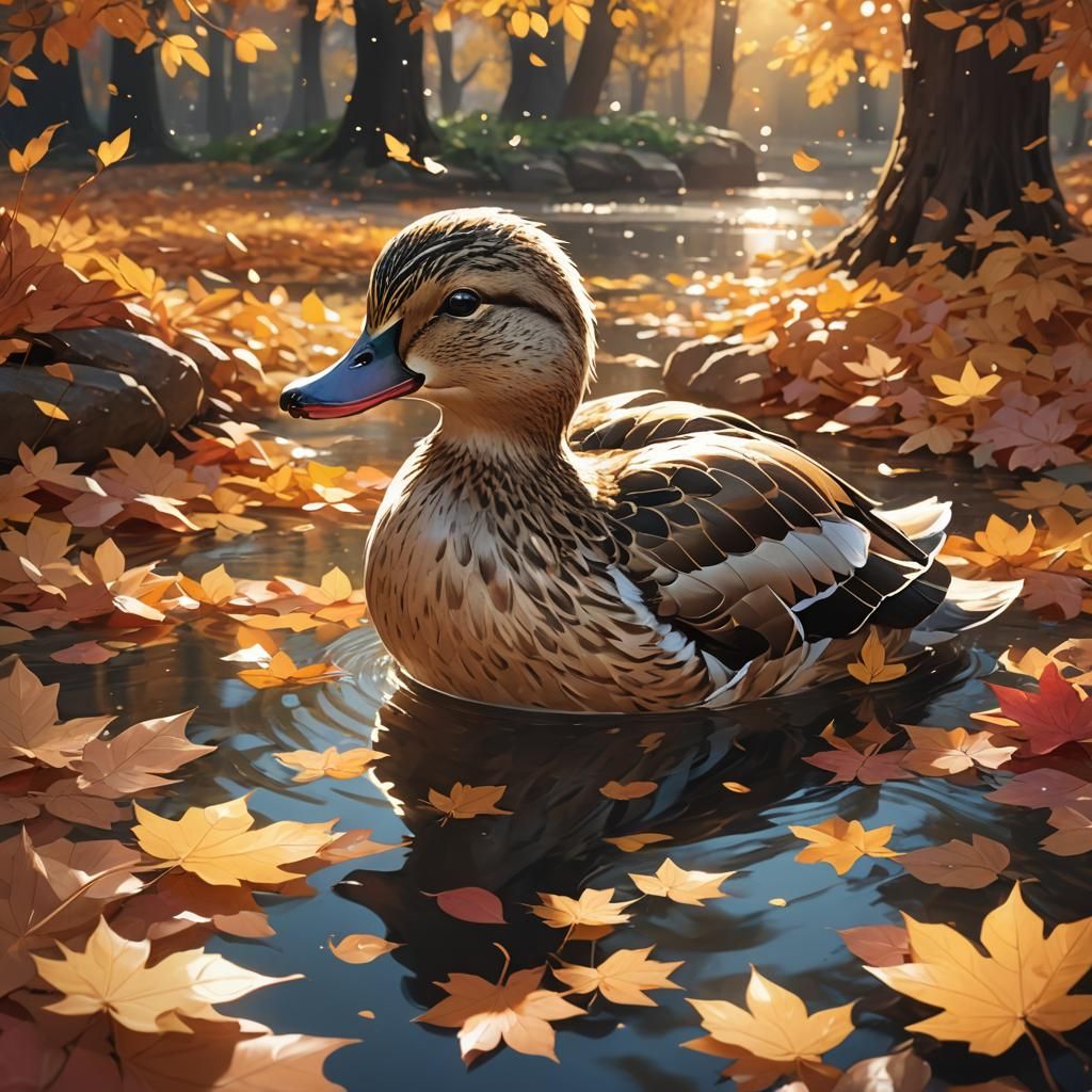Tabby Duck in Autumn Leaves: Anime Style Illustration