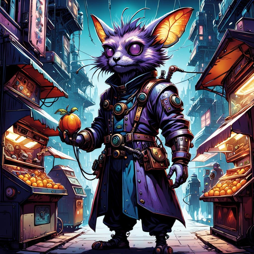 Alien Market with Clockwork Gadgets in Steampunk Style