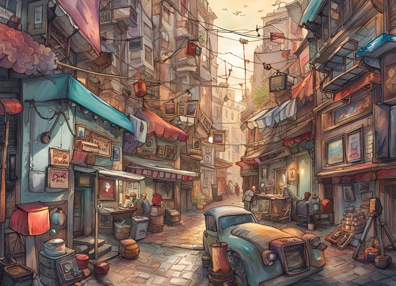 Colorful Geometric Urban City in Watercolor Style