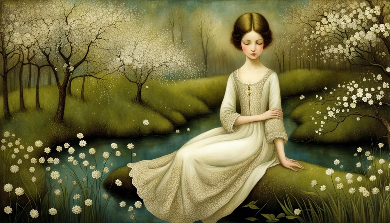 Spring Evening by Stream in Surreal Style