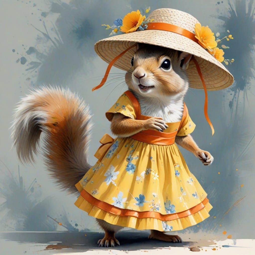 Squirrel Caricature in Watercolor Floral Sundress