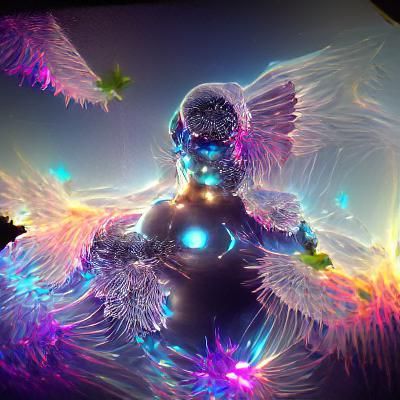 Cyborg Angel in Aurora: Holographic Astral Illustration