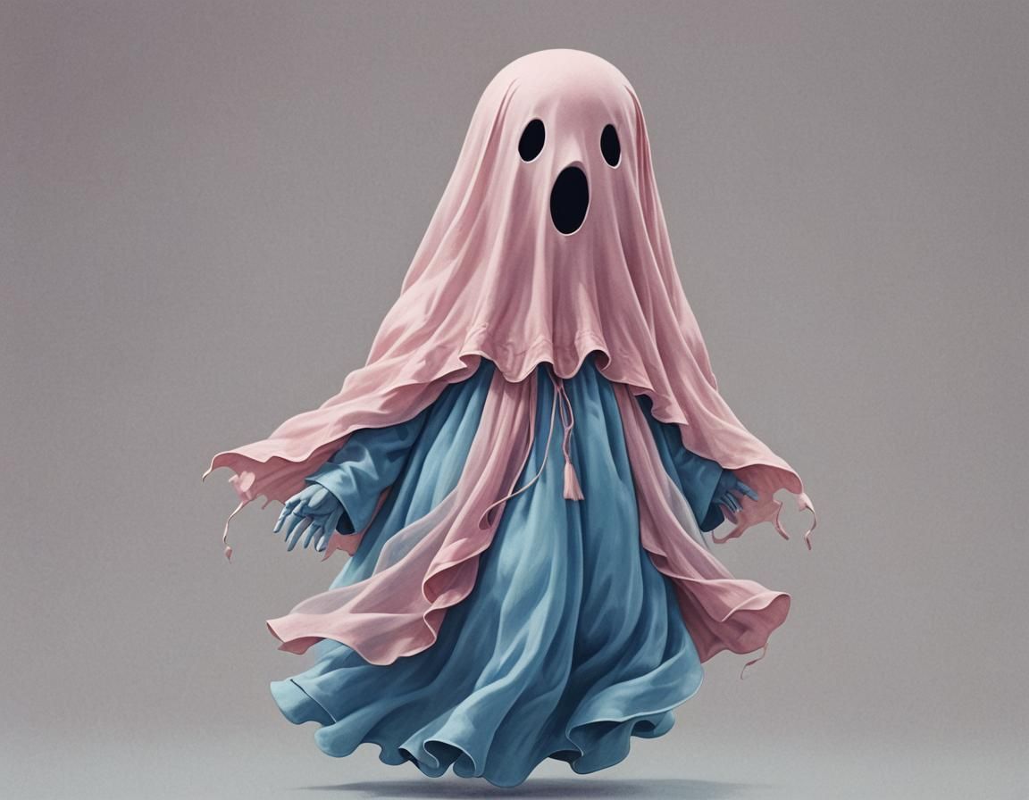 Pink Ghost in Blue Dress Cartoon Illustration