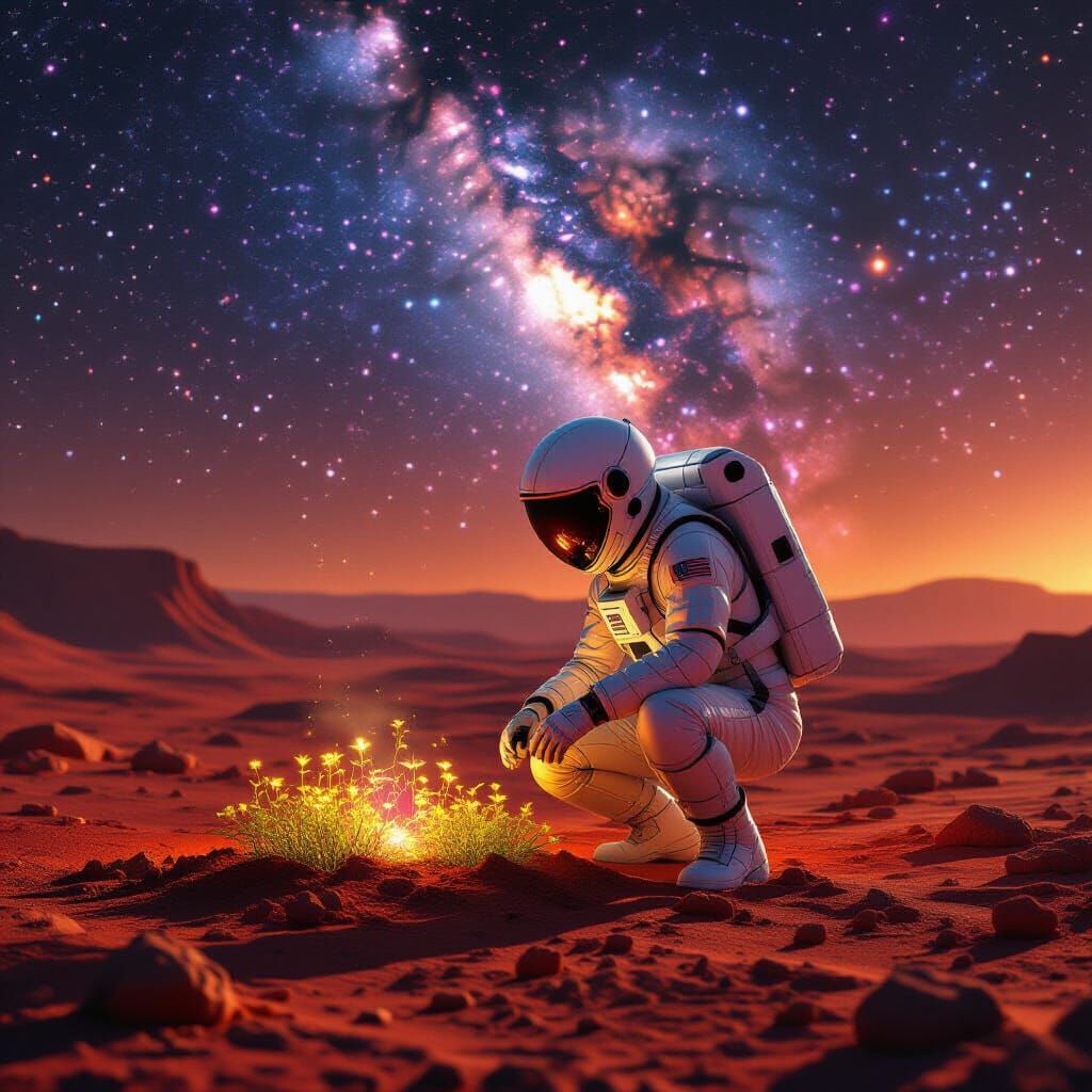 Astronaut Tends Bioluminescent Garden on Mars Under Nebula S...