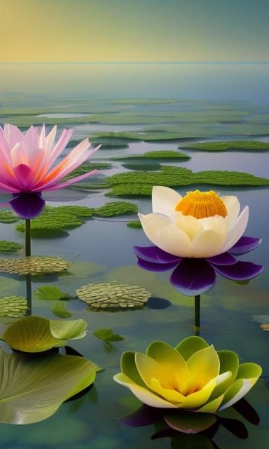 Ethereal Lotus Flowers in Surreal Dreamscape Painting