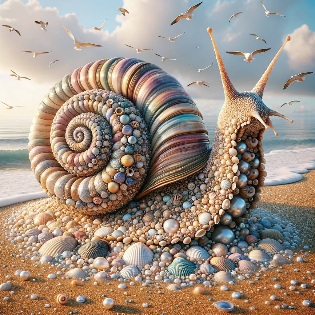 Iridescent Snail Sculpture on Golden Beach