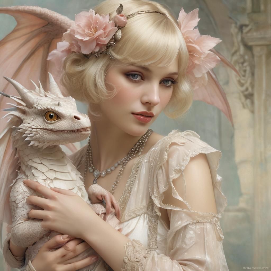Dreamy Flapper Woman with Dragon in Fairytale Style