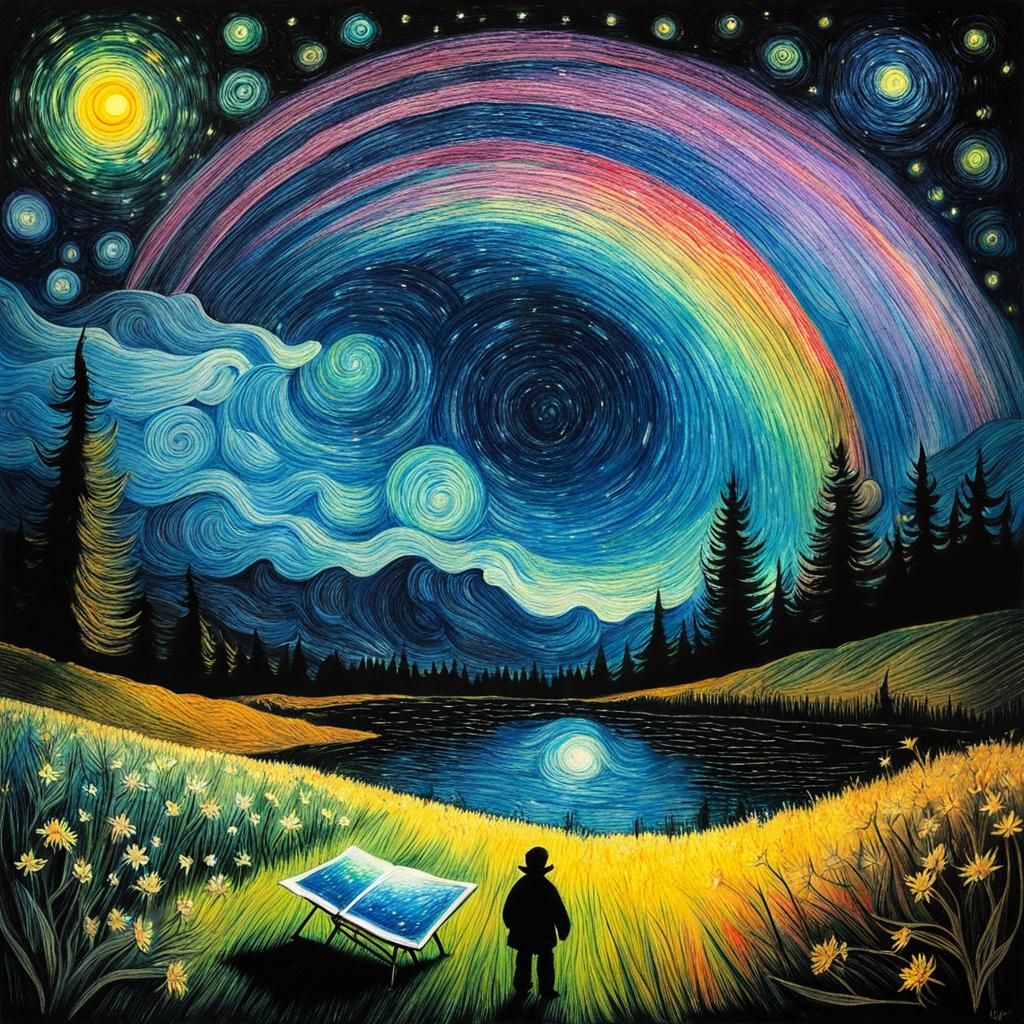 Fairies on Starry Night, Child's Surreal Drawing