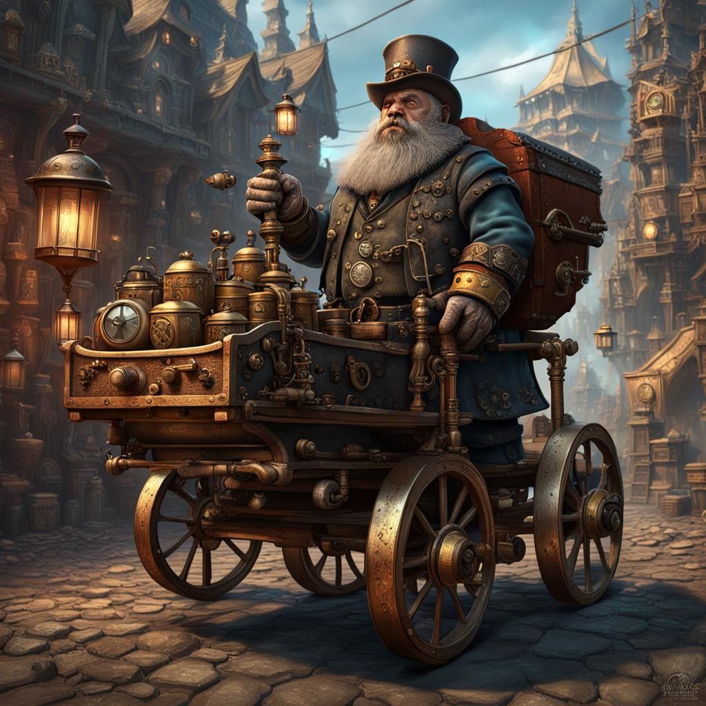 Steampunk Dwarf Artificer with Cart, Digital Art