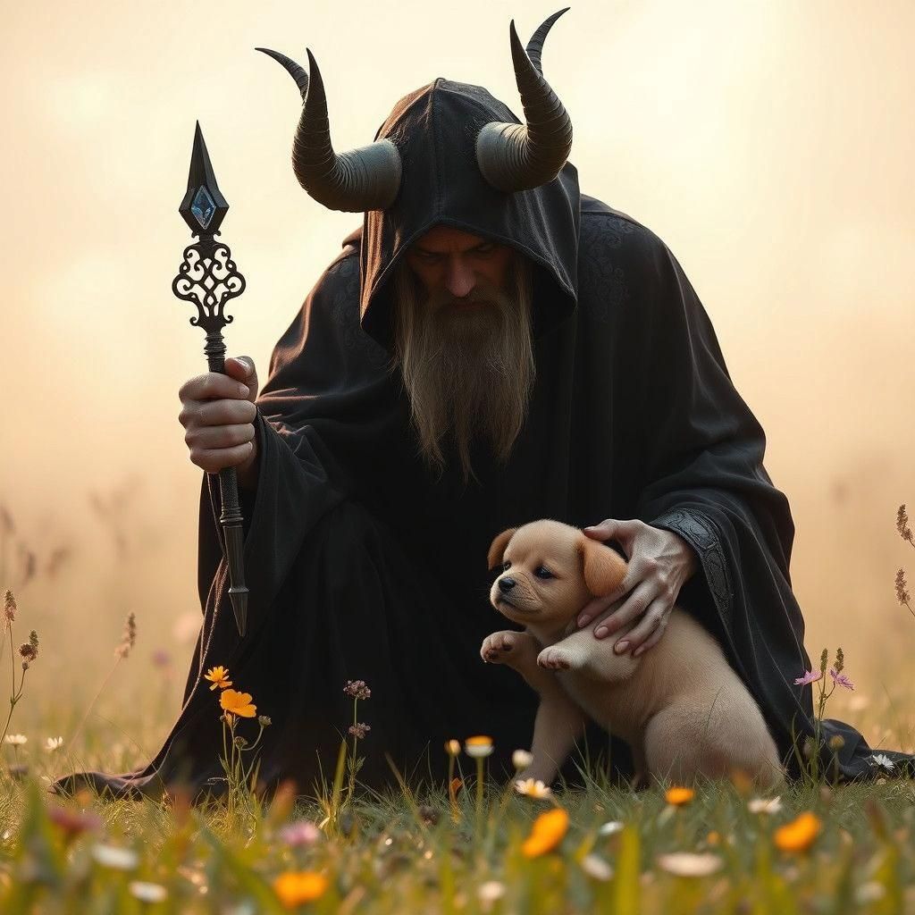 Satan Plays with Puppy in Misty Meadow