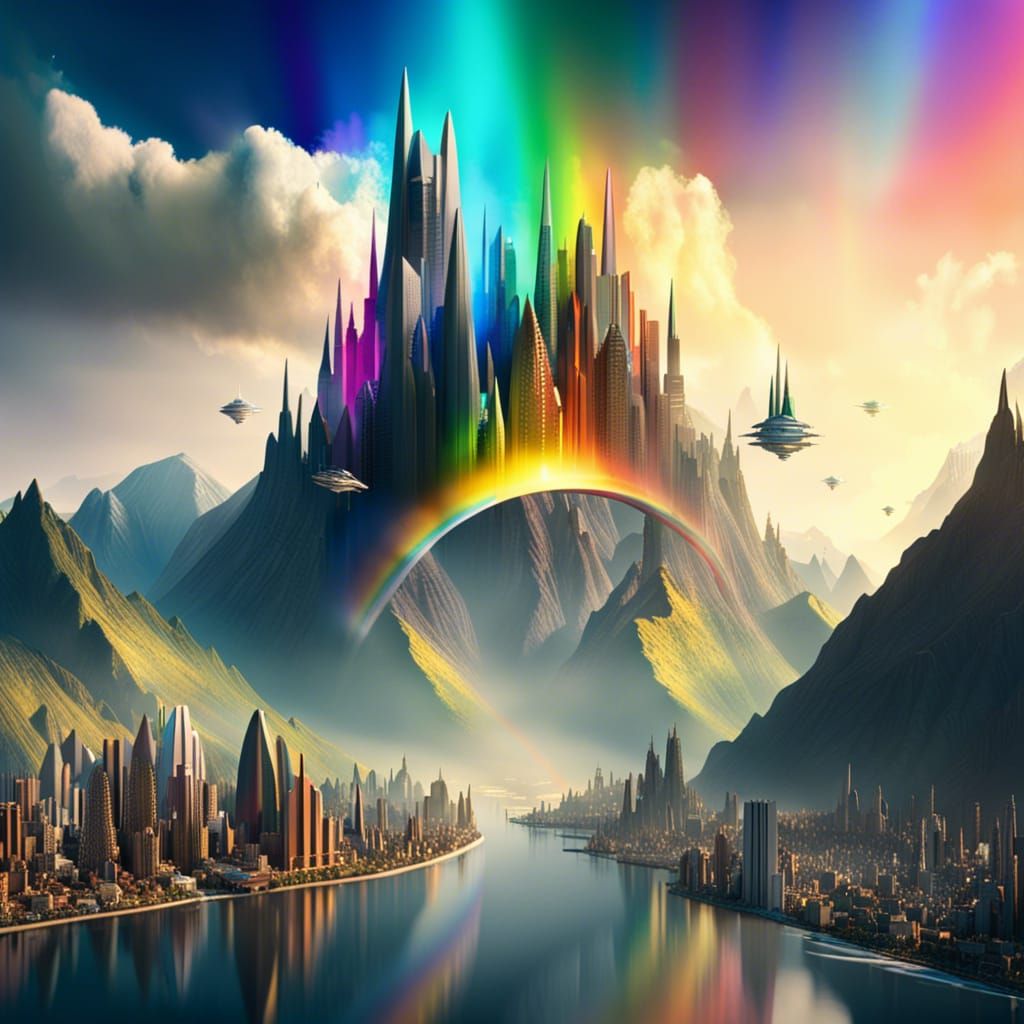 Hyper-Detailed Futuristic Cityscape with Rainbow