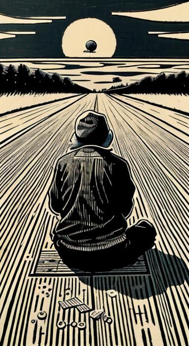 Melancholy Seascape in Woodcut Style