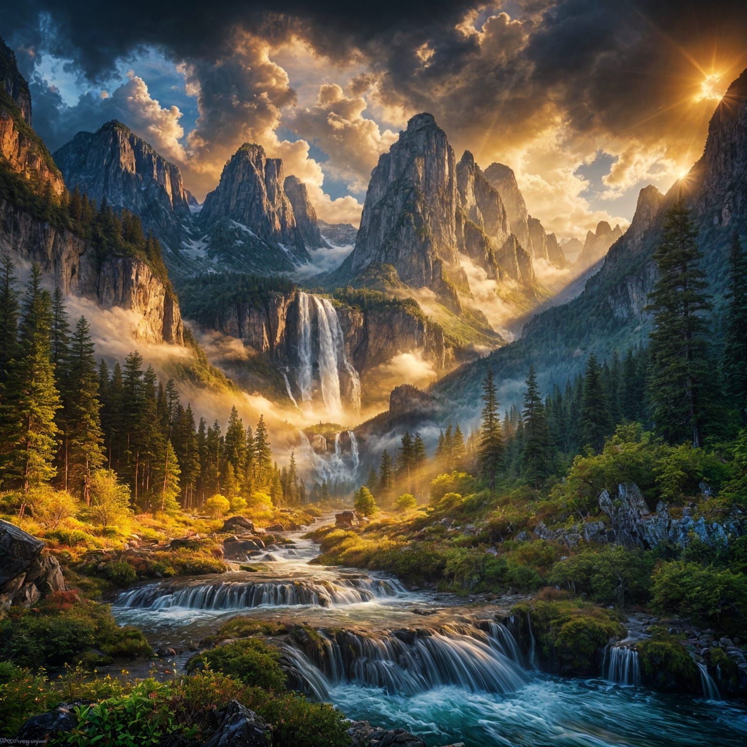 Surreal Mountain Paradise Under Golden Sunset