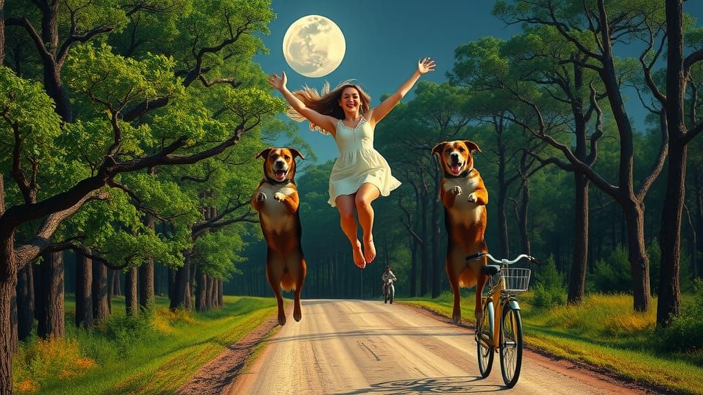 Woman Soaring with Dogs in Enchanted Forest