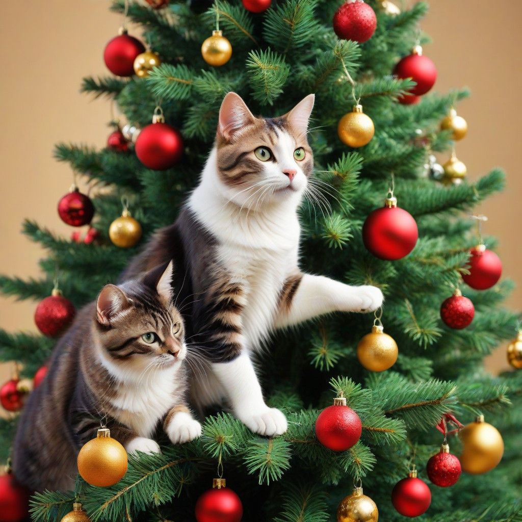 Furry Friends Climb a Vibrant Christmas Tree in Detailed Sty...