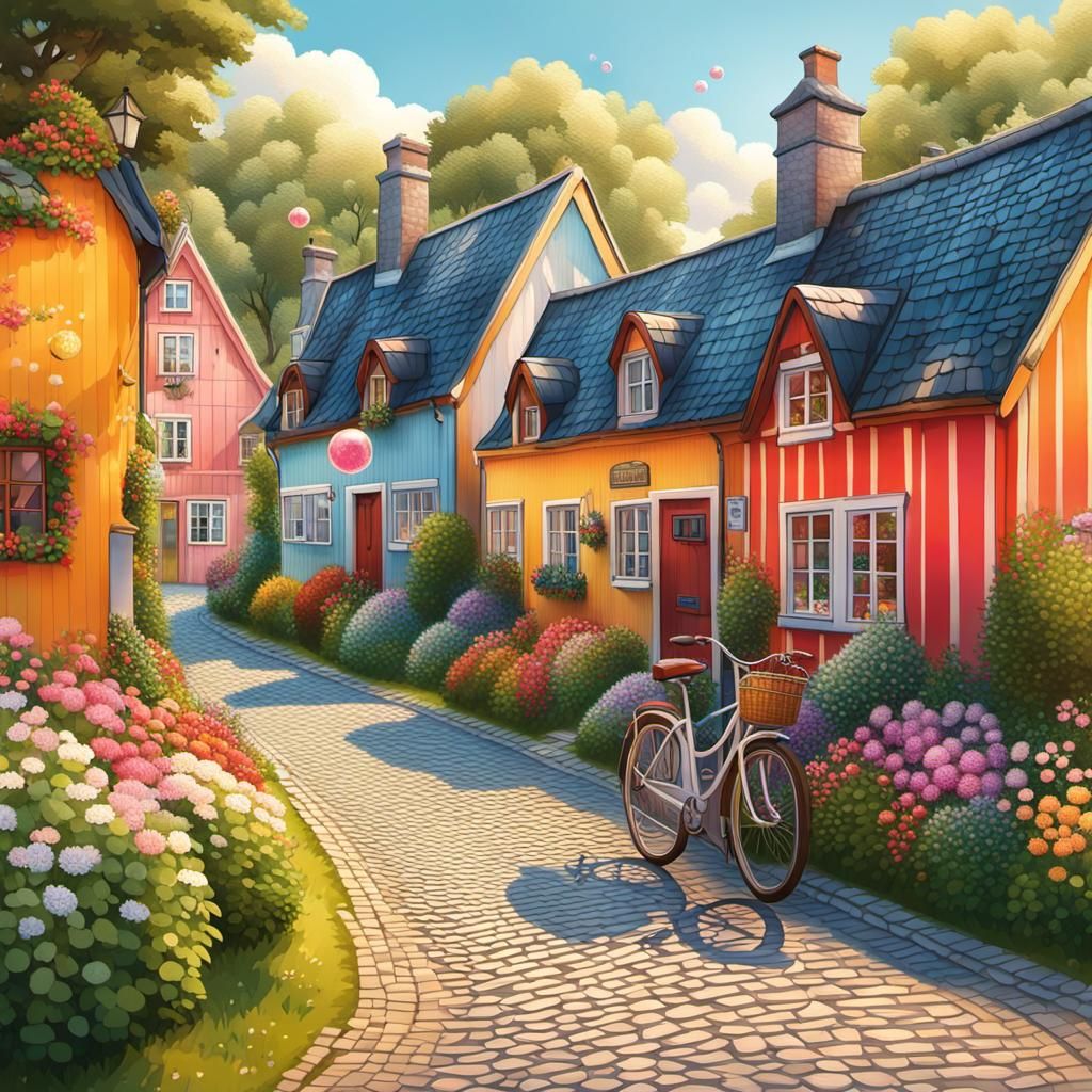 Danish Village Street in Candy Art Style