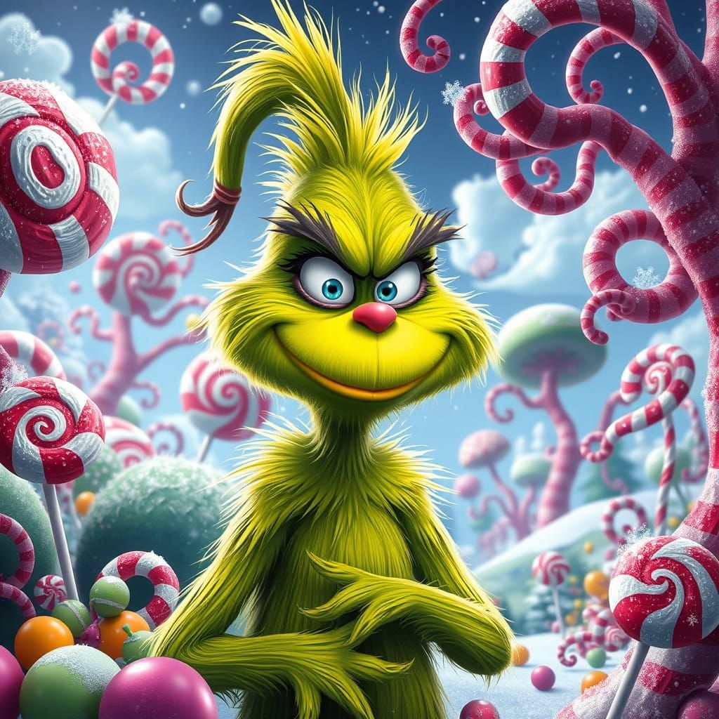 Whimsical Grinch in Vibrant Candyland