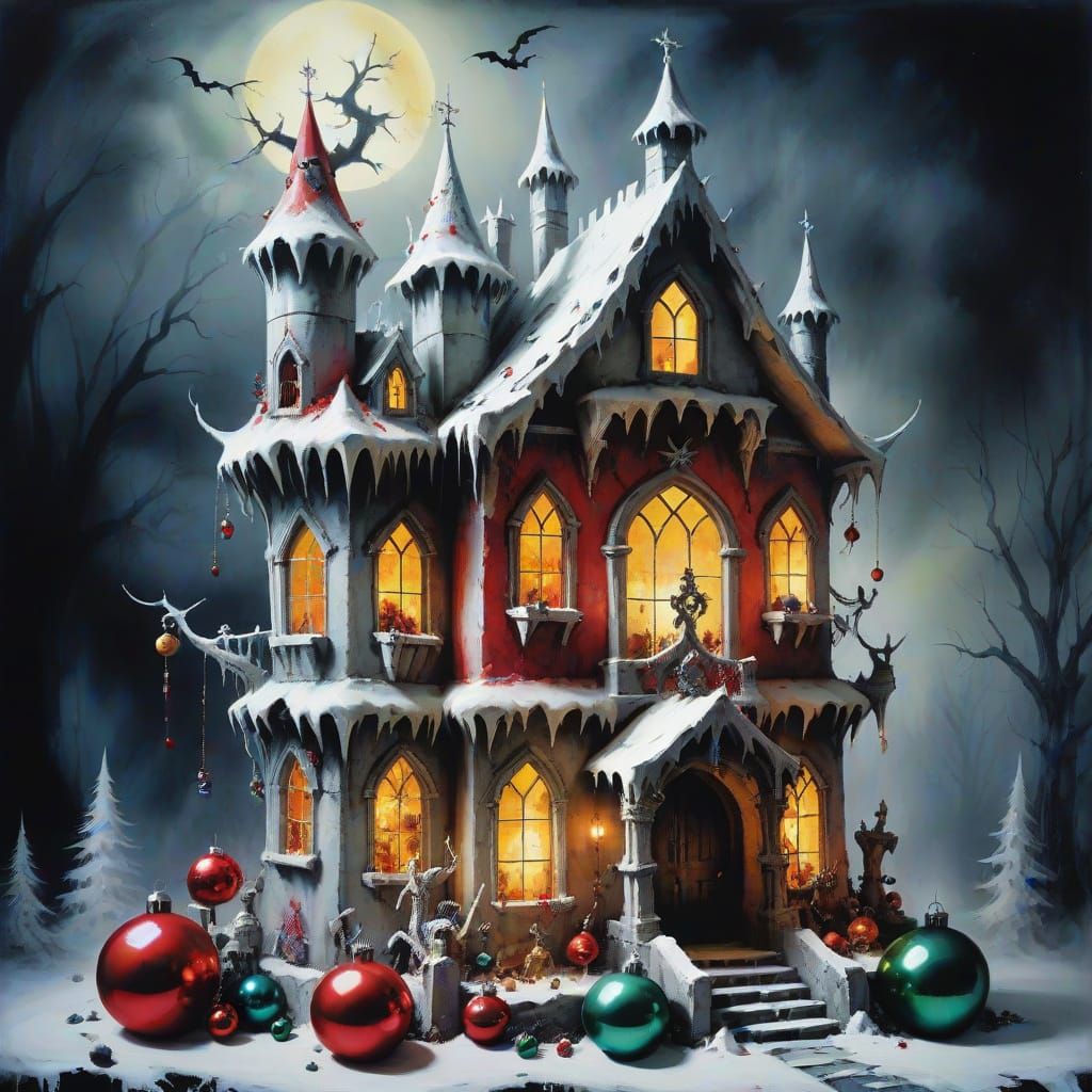 Creepy Bone Castle with Vibrant Christmas Decorations