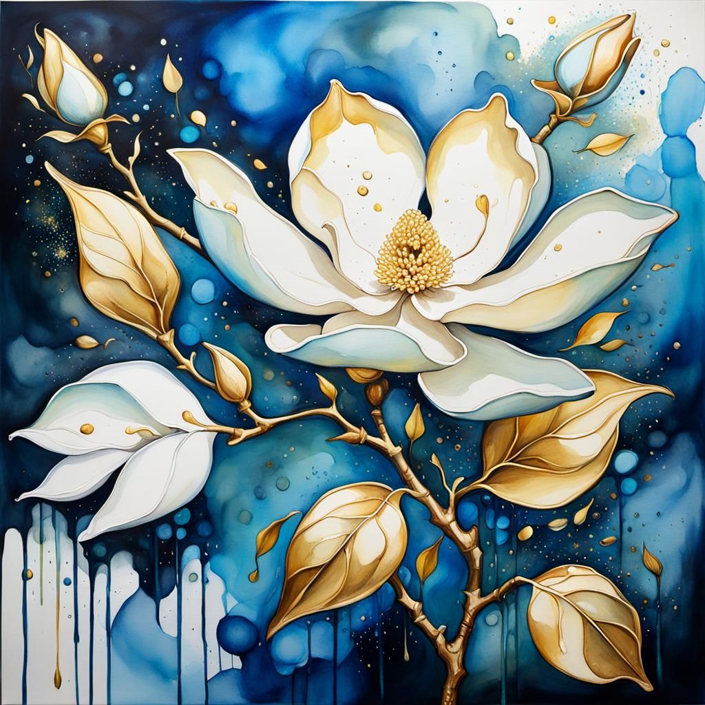 Magnolia in Watercolor with Gold Accents