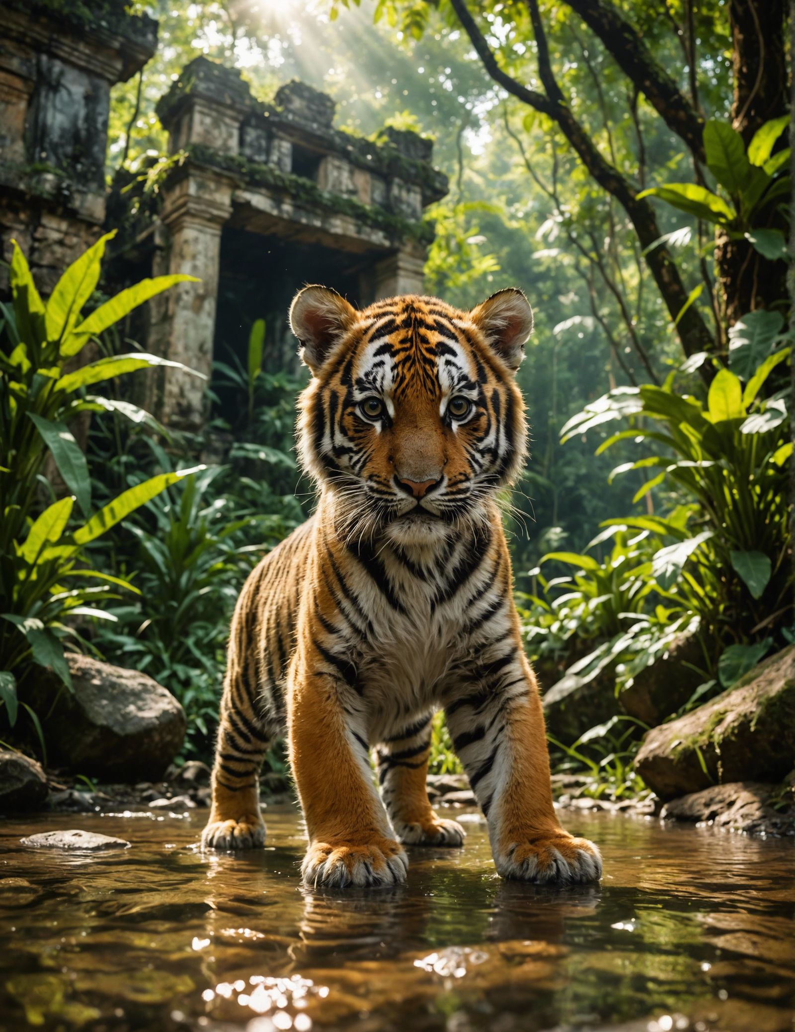 Baby Tiger Playing in Tropical Jungle Sunlight