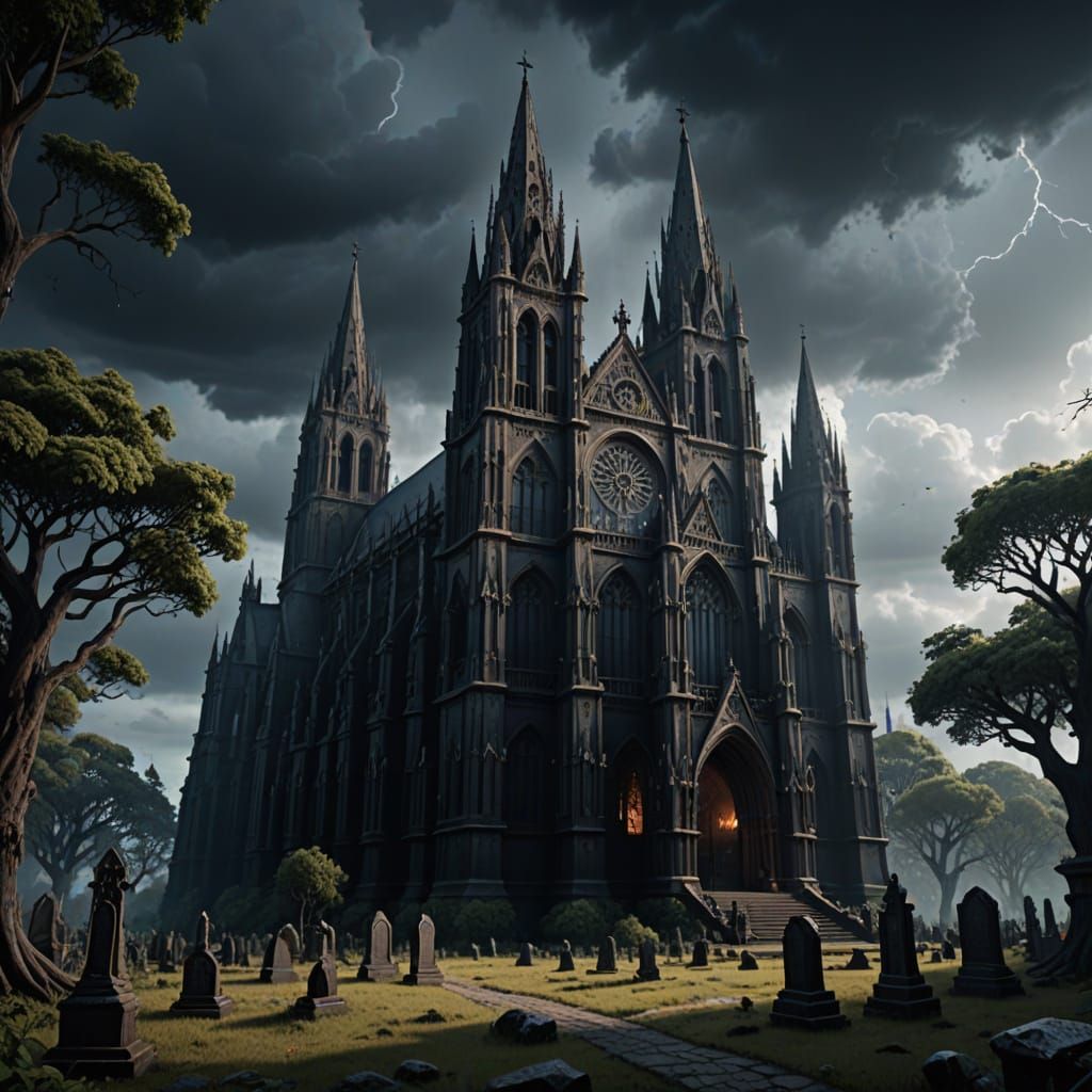 Gothic Cathedral in Obsidian Against Stormy Sky