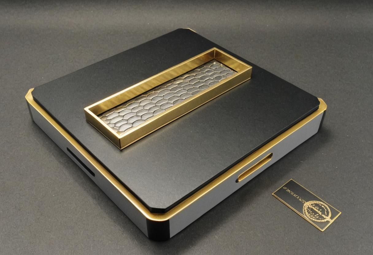 Glossy Black Box with Gold Trim on Dark Background
