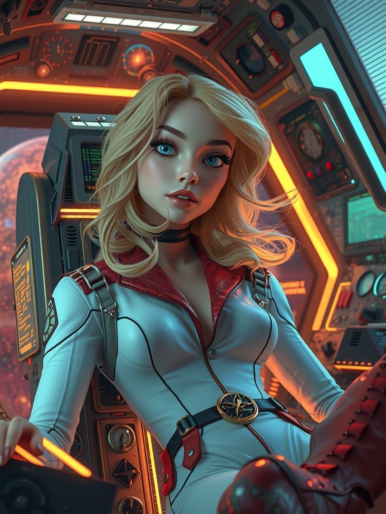 Fearless Heroine Navigates Retro-Futuristic Cosmos in Sunset...