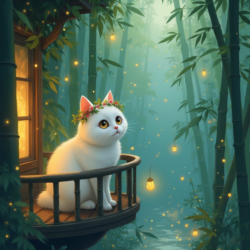 Cat with Flower Crown on Gothic Balcony, Ghibli Style
