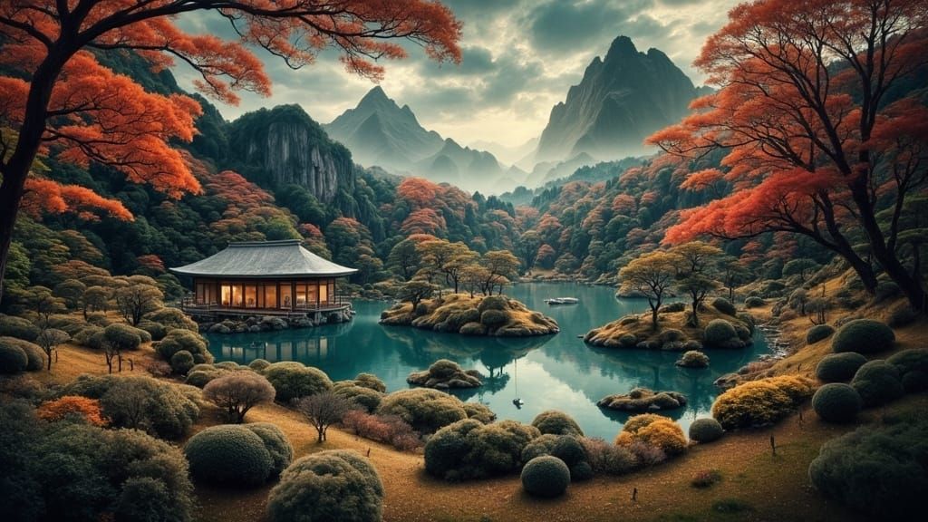Serene Japanese Garden in Autumn Peak