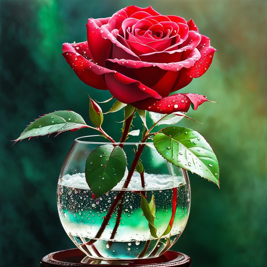Red Rose with Dew Drops in Bioluminescent Vase