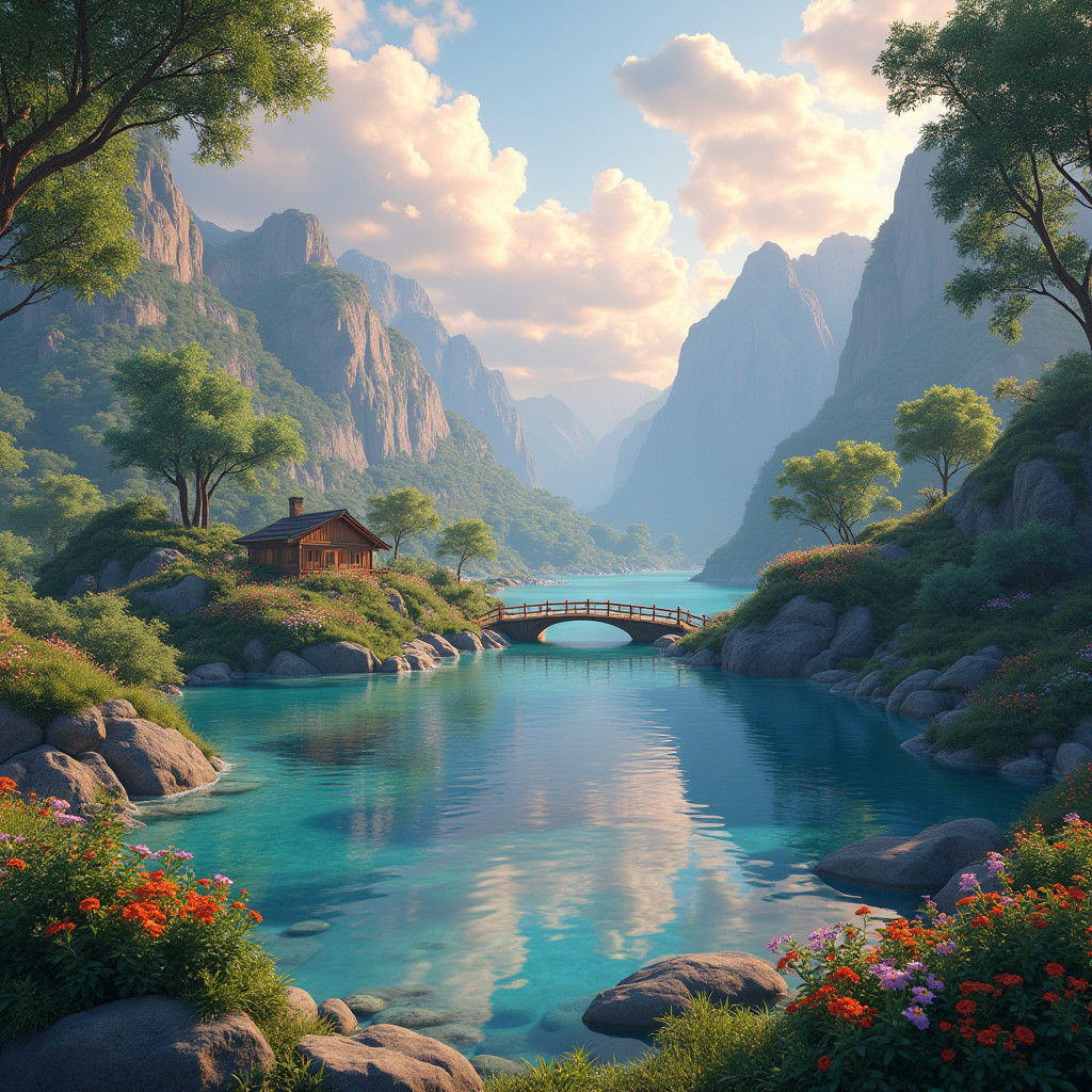 Serene Landscape with Crystal Waters and Lush Greenery