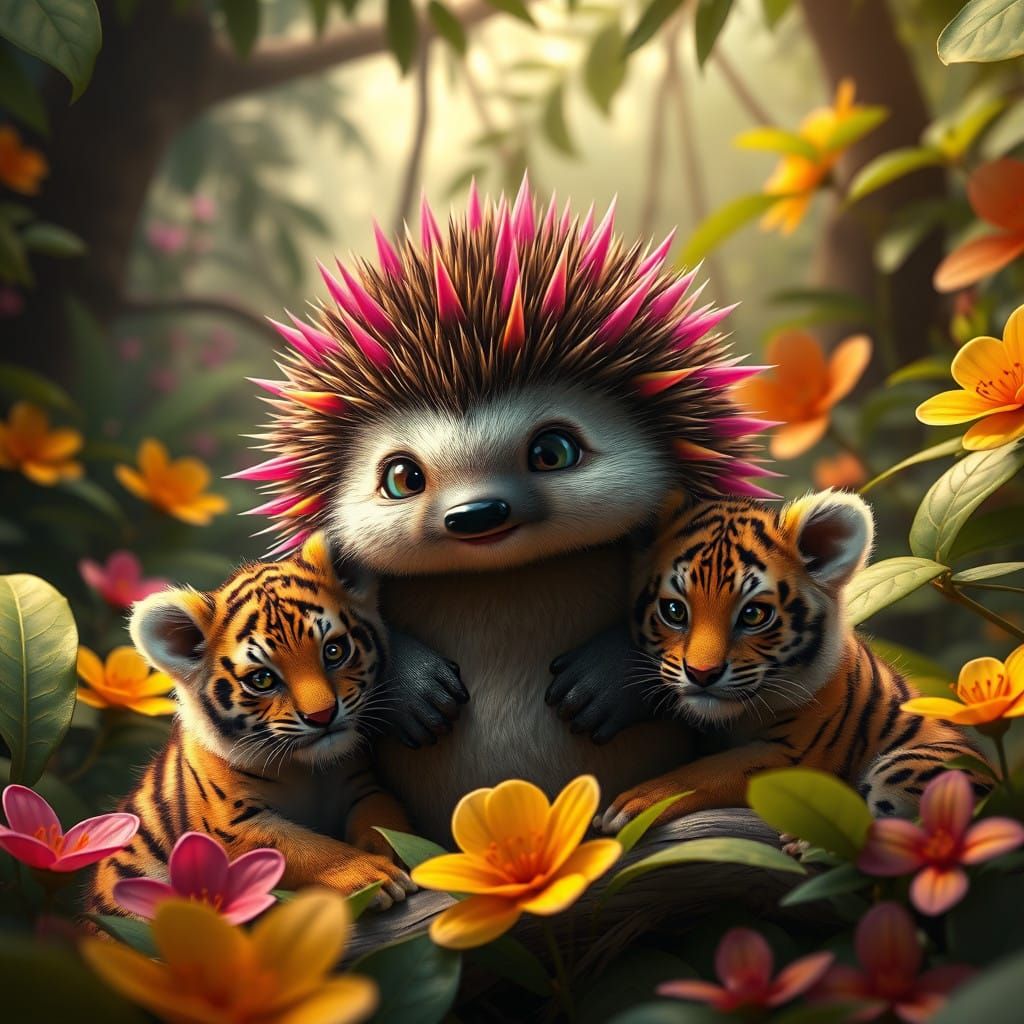 Vibrant Hedgehog Sol Surrounded by Baby Tigers in Jungle Par...