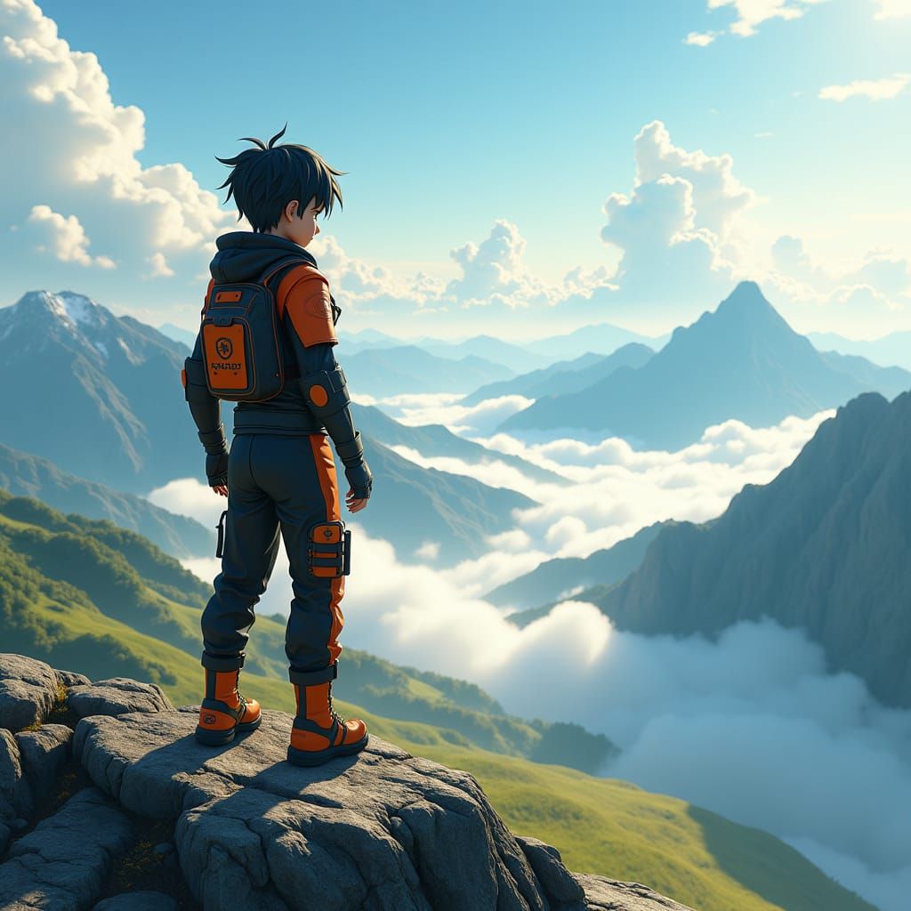 Youthful Digimon Tamer Overlooking Mountain Landscape in 3D ...