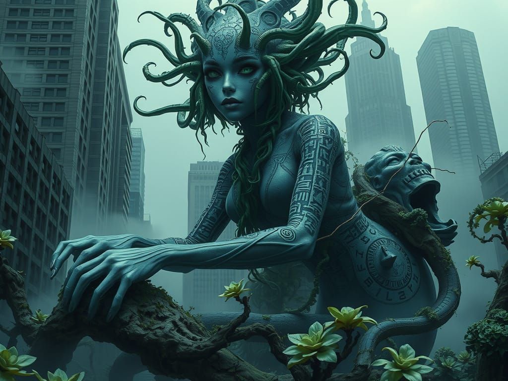 Alien Woman in Overgrown Cityscape, Hyperrealistic Digital P...