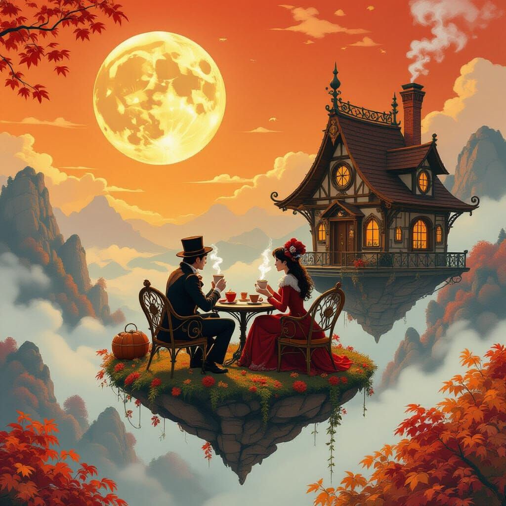 Steampunk Cafe on Floating Island in Autumn Fantasy Style