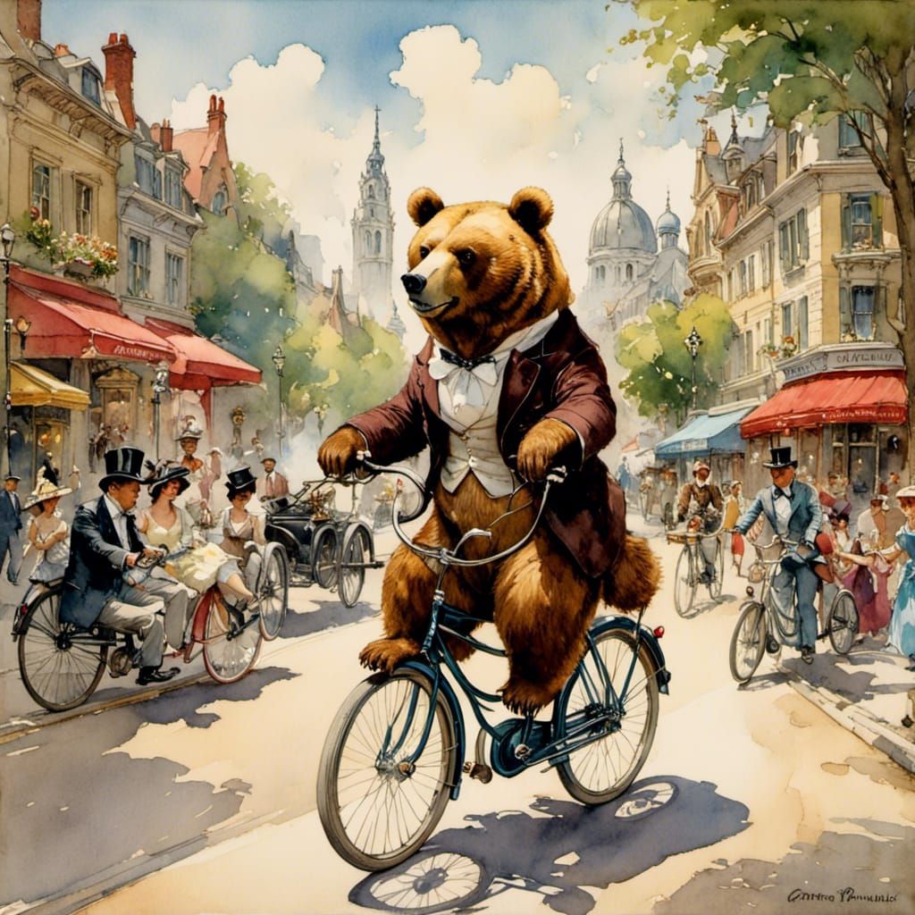 Anthropomorphic Bear Rides Bike Through City