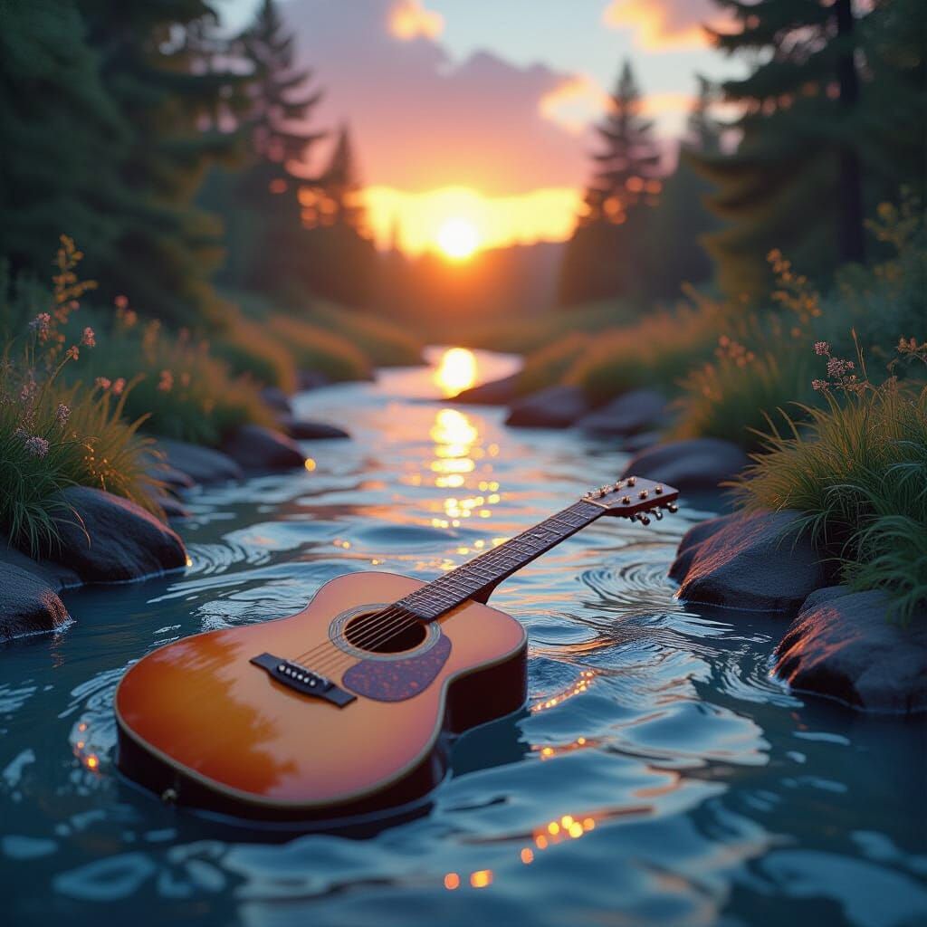 Surreal River Flowing From Guitar Opening