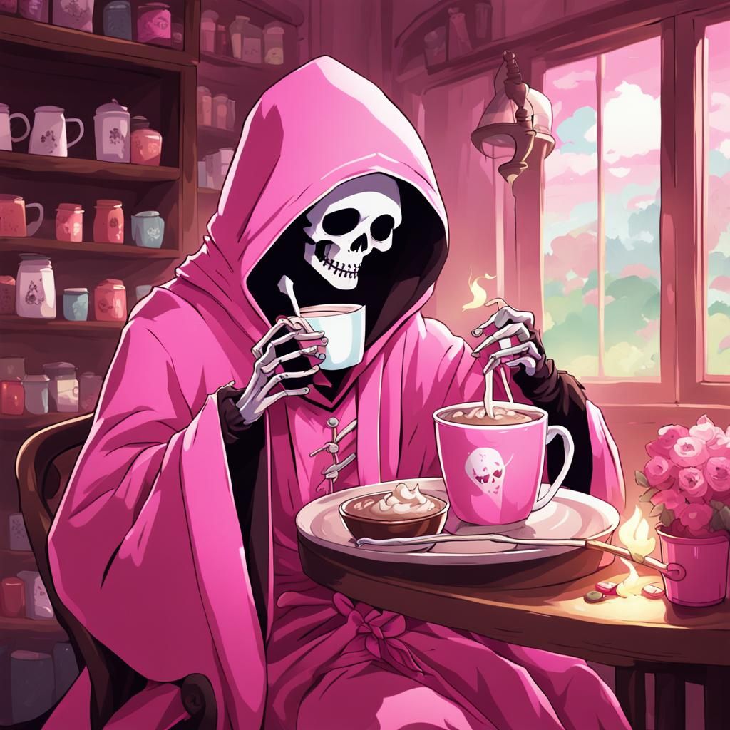 Cute Skeletal Grim Reaper in Pink, Anime Style
