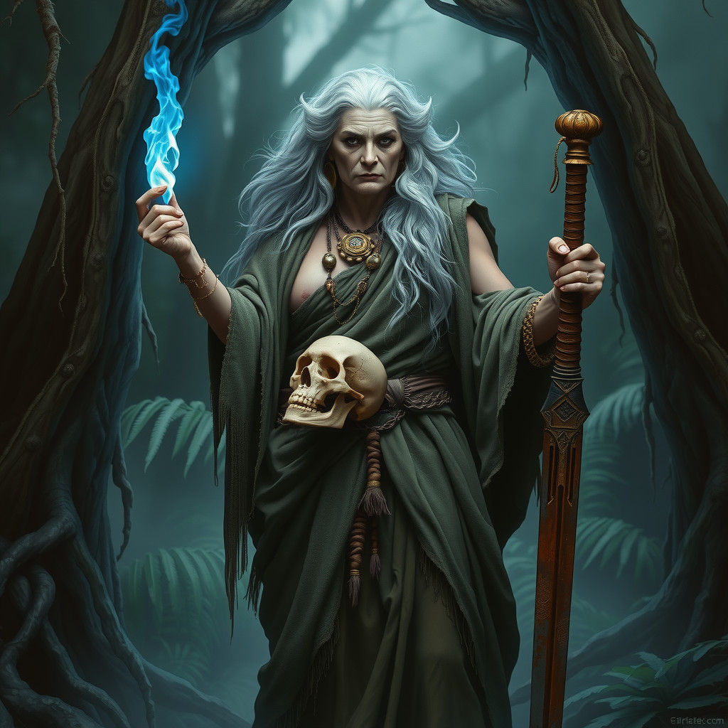 Greek Oracle with Flame and Skull in Dark Forest