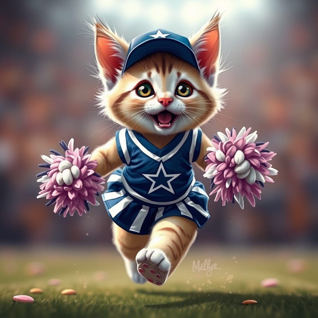 Cheerleading Kitten in Dallas Cowboys Uniform Runs with Milk...