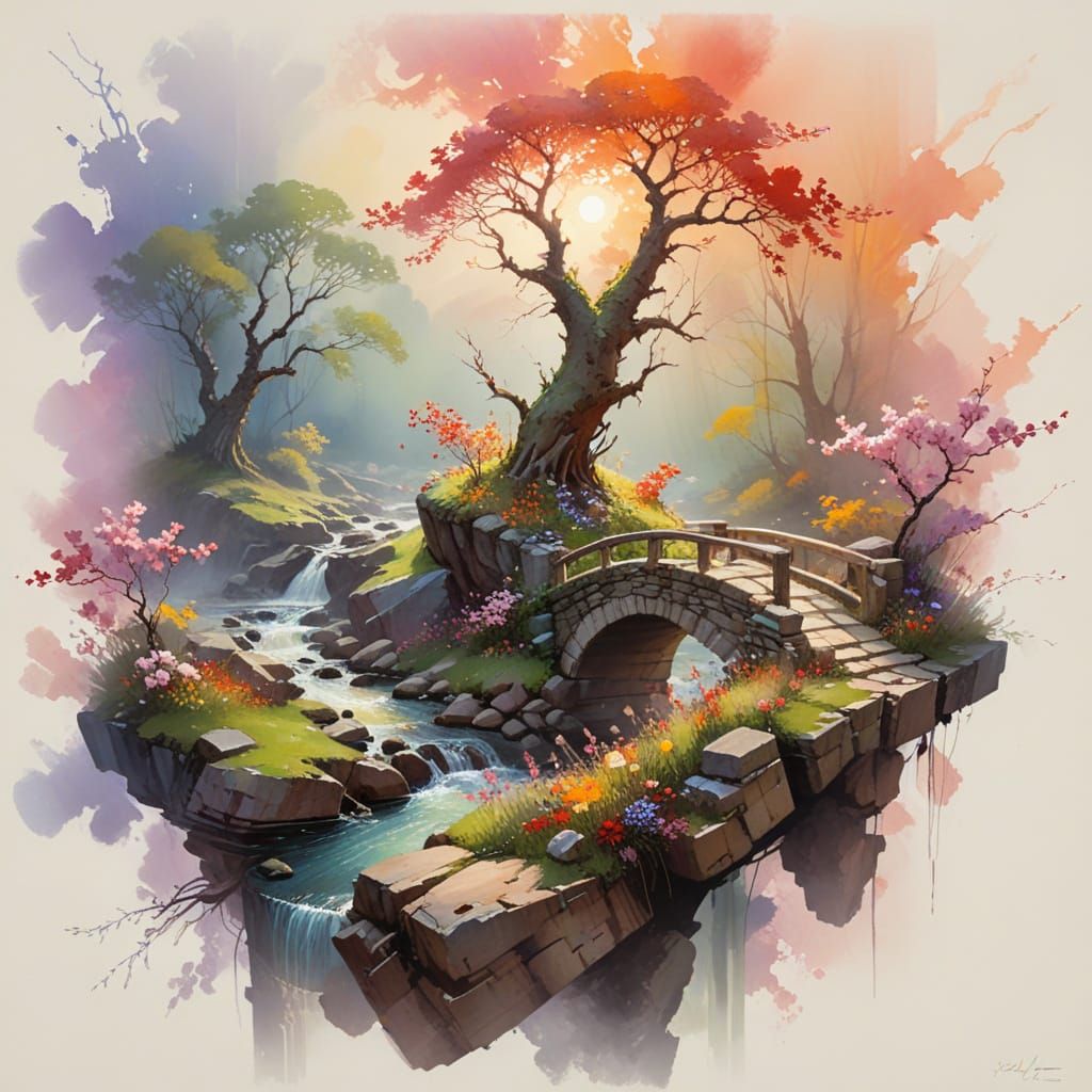 Springtime Bridge Amid Blossoming Vales in Vibrant Colors