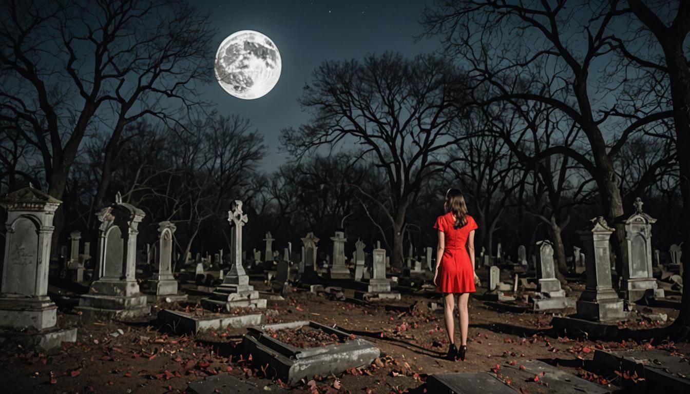 Young Girl in Red Dress at Cemetery