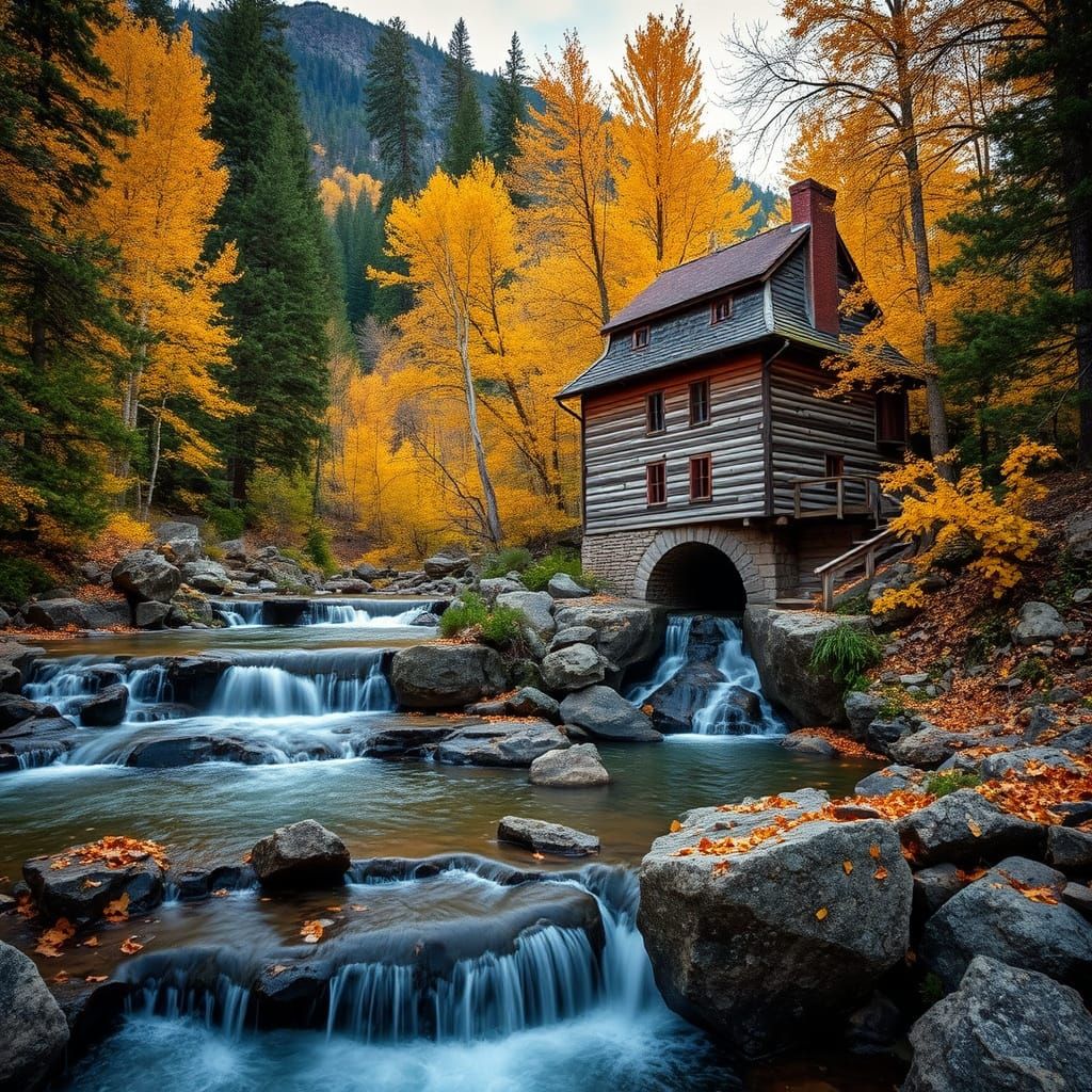 Autumn Mill House Over Rocky River Landscape