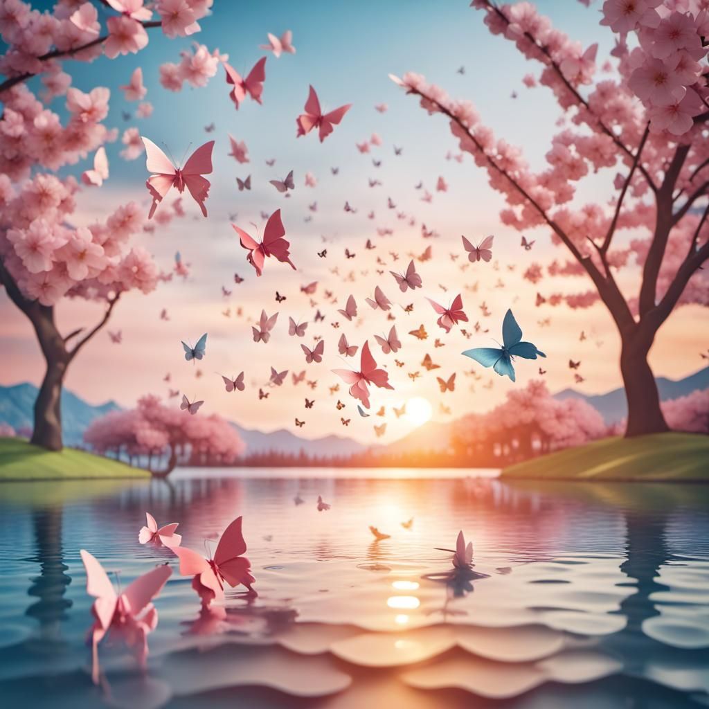 Cherry Blossom Tree Papercraft at Sunset