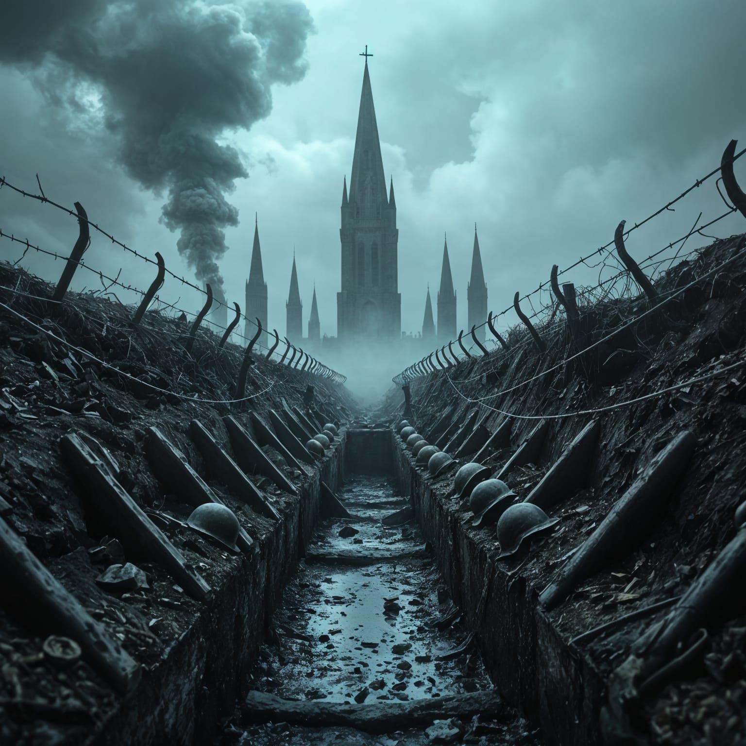 Surreal World War II Battlefield with Eldritch Spire