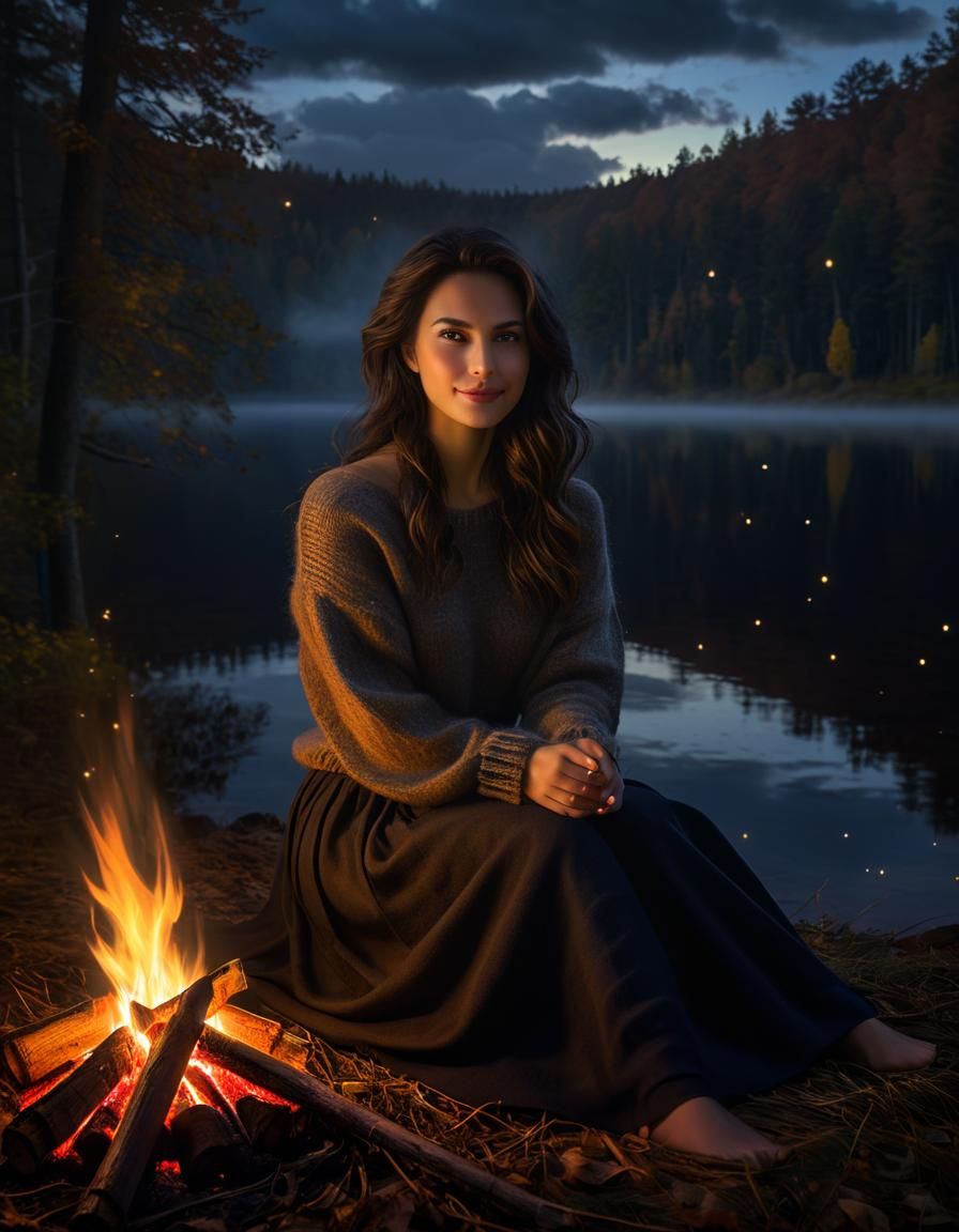 Autumn Night Lakeside Woman in Chiaroscuro