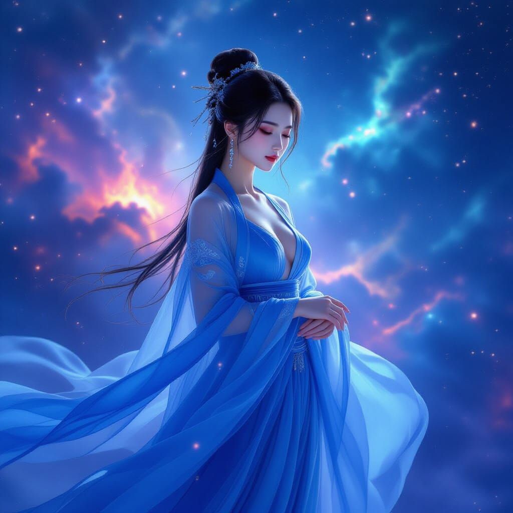 Celestial Woman in Cosmic Nebula, Painterly Style