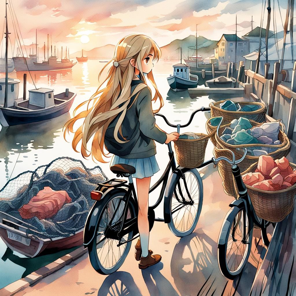 Anime Girl on Harbor Quay in Watercolor Style