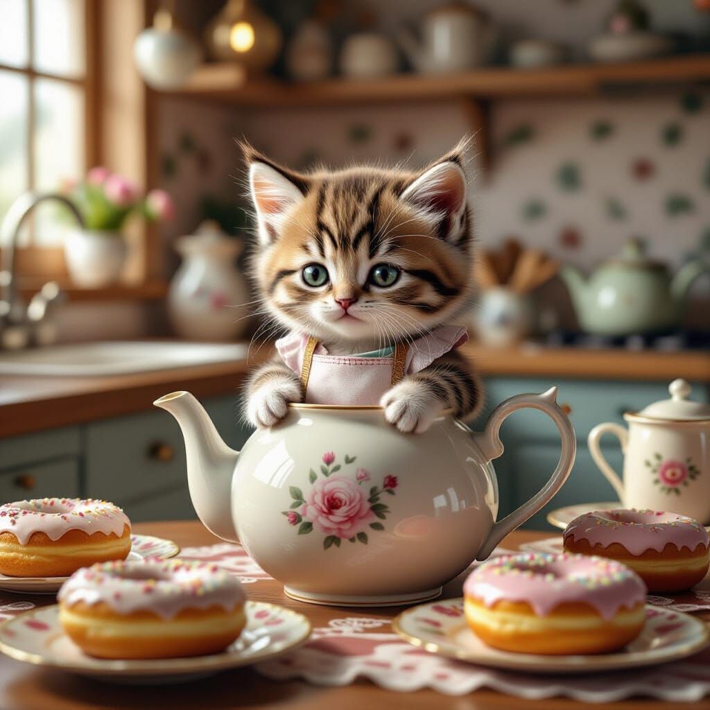 Kitten Judging Donuts in Teapot Kitchen, Hyperrealistic Text...