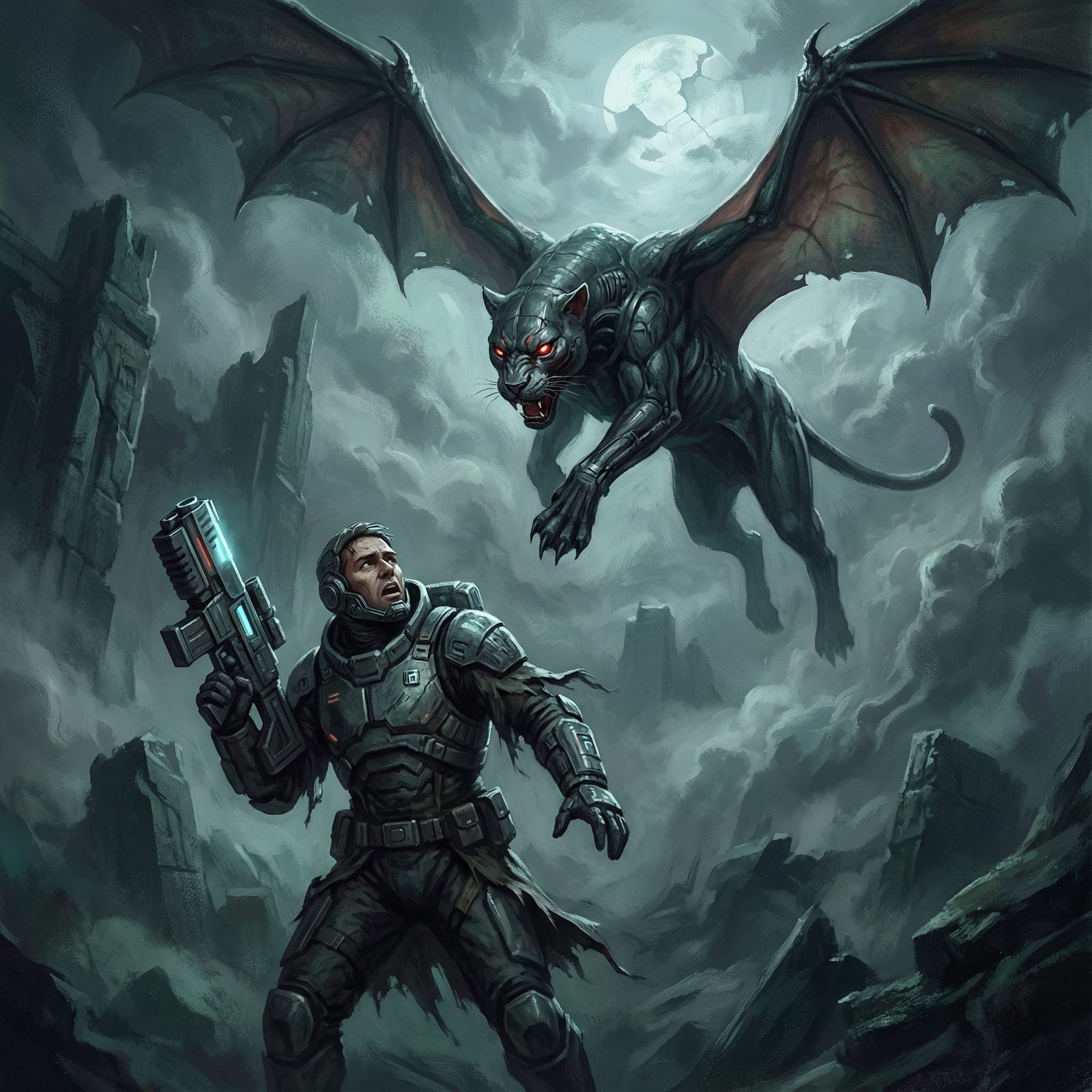 Futuristic Soldier Battles Alien Bat in Sci-Fi Epic